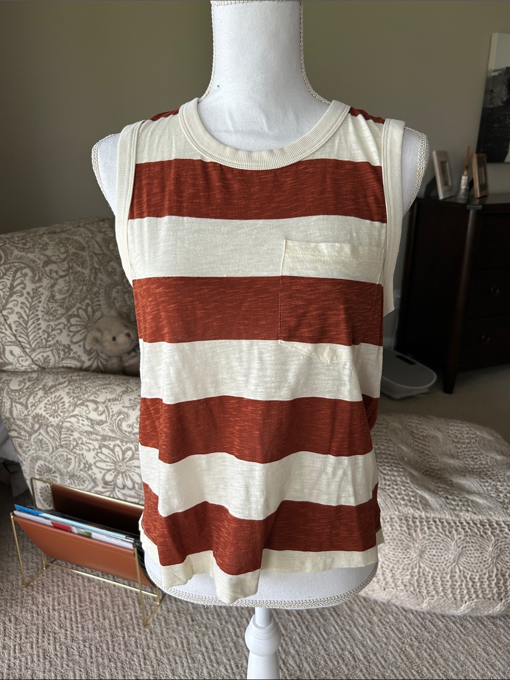 Evereve Rust & Cream Striped Pocket Tank